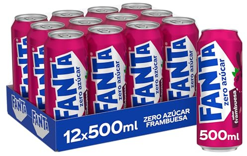 Fanta Frambuesa Zero Azúcar, Refresco de Frambuesa Elaborado a partir de Zumo, Bajo en Calorías - Pack 12 Latas de 500 ml