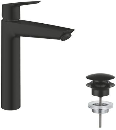GROHE Start, Waschtischarmatur hoch, wassersparend (Wasserhahn für das Bad, Badarmatur mit Push-Open Ablauf, 26cm hoch, mit 3in1 Werkzeug, einfache Installation), mattschwarz, 241652433