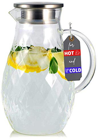 Jarra de vidrio borosilicato con tapa - Jarra para bebidas frías y calientes de capacidad 2L con diseño único de diamante, jarra de bebida para té helado casero y jugo, transparente, plata
