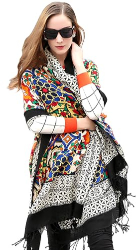 DANA XU 100% Merino Wool Extra Large Pashmina Blanket Travel Scarf Cashmere Wrap for Women Fall Winter Oversize Shawl Floral