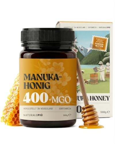 NaturalePiù Miele di Manuka 400+MGO Testato dalla Nuova Zelanda | 500 g. Miele monoflorale dalla Nuova Zelanda, testato per metilgliossale, ideale per tè, toast e yogurt.