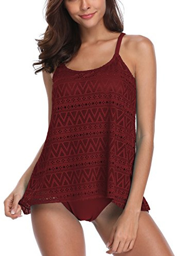 FLYILY Femme Tankini Maillot de Bain Bikini Set 2 Pièces Shorty avec Gilet Gaze sans Manches Beachwear Taille Grande(WineRed,3XL)
