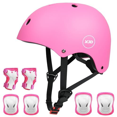 XJD Casque Vélo Enfant Sets de Protection Enfant Genouillères Coudières Protège-Poignets Réglables Kit de Protection Filles Garçons de 3-8 Ans Protection Rollers Skate Trottinette Skateboard (rose, M)