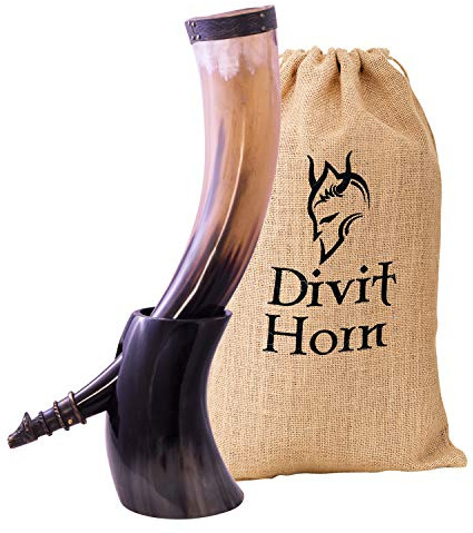 Divit Horn Genuine Viking Drinking Horn with Iron Stand | Medieval Beer Drinking Horn 16 oz (450–500 ml) | Brass Adornments & Burlap Gift Sack Included | Wolf Horn Drinking Horn & Brass Hammer Opener