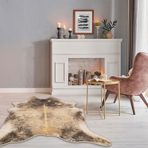 Gino Falcone Tappeto in pelle di mucca | Pelle sintetica, imitazione di pelle bovina, motivo di mucca, forma di pelle | 100 x 130 cm | Marrone Emilia