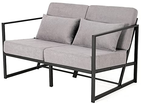 Mingone 2 Sitzer Sofa Taupe Klein, 114 x 72 x 72cm | Gepolstert, Leinen, Retro mit Armlehnen, Metall, Für Wohnzimmer Empfang Café, Industrie-Design