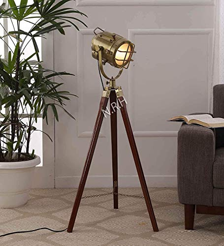 Lampadaire en cuivre fait à la main avec trépied en bois - Lampe décorative pour la maison et le bureau