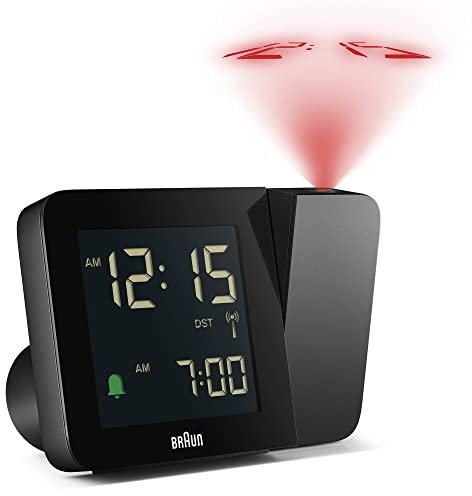 Braun Digitaler Funk-Projektionswecker für die mitteleuropäische Zeitzone (DCF) mit negativem LCD-Display, Schnelleinstellung und Alarm-Piepton in Schwarz, BC15B-DCF.