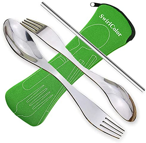 Göffel Edelstahl Gabel und Löffel Stroh Campingbesteck Leichtes Besteck Dual-Use 3 Stück