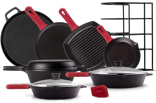 Cast Iron Cookware Set - 17-Piece Pre-Seasoned Kit - 8 Skillet + 10+12 Skillets with Glass Lid + Grill Pan + Multi-Cooker/Dutch Oven + Flat Griddle + Pizza Pan + Pan Rack Organizer - Indoor/Outdoor