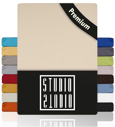 STUDIO Premium Spannbettlaken 120x200cm, 120x220cm, 130x200cm & 130x220cm – Jersey-Spannbetttuch aus 97 % Baumwolle & 3 % Elastan – Creme – Öko-Tex Zertifiziert, bügelfrei – für Matratzen 15–35cm