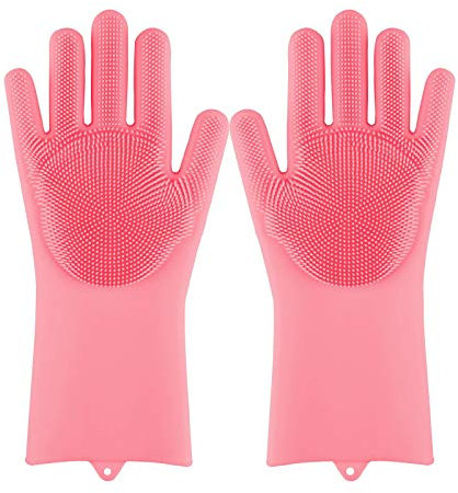 Magic Silicone Scrubbing Gloves, Cleaning Sponge Gloves with Scrubber for Dish Washing, Kitchen, Bathroom, Car Pet Grooming Pink