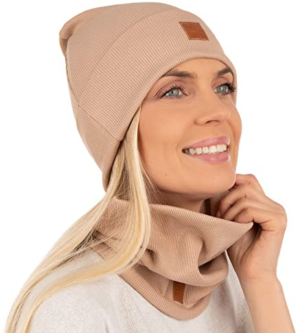 Mikos * Set da donna berretto & loop cotone lungo berretto cappello con sciarpa loop autunno inverno fantastico caldo elasticizzato berretto invernale ragazzo ragazza Streetwear 703, marrone chiaro,