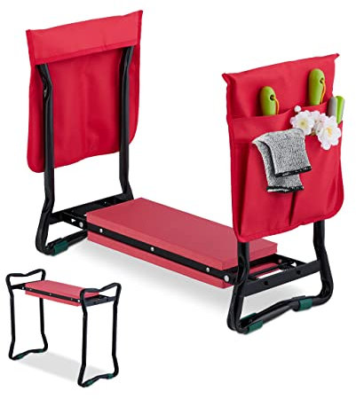Relaxdays Kniebank mit Taschen, gepolstert, gelenkschonende Kniehilfe, bis 150 kg, klappbar, Gartenarbeit, schwarz/rot