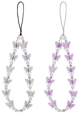 2 Pièces Bracelet de Téléphone Perlé, Papillon en Cristal Phone Charms Perles Lanière Téléphone Portable Cordon de Poignet pour Téléphone Porte-Clés pour Femmes Filles (Violet, Blanc)