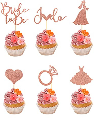Arthsdite 24Pcs Bride to Be Cupcake Toppers with Heart Ring Dress I Do Bridal Shower Cupcake Picks Wedding Engagement Bachelorette Party Cake Decorations Supplies - Rose Gold Glitter