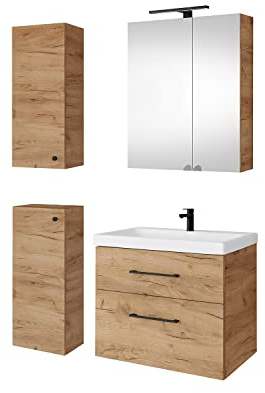 Planetmöbel Badmöbel Set Waschtisch mit Unterschrank 63 x 60 x 36,5 cm, Spiegelschrank 60 cm mit LED-Leuchte (schwarz matt) & Steckdose, inkl. 2X Midischrank, Moderne Badezimmer Möbel, Gold Eiche
