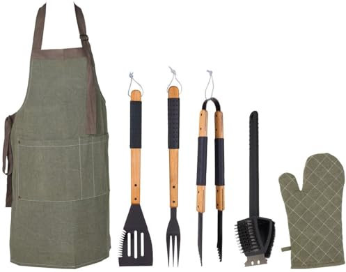 6pcs Premium BBQ Tool Set for Gas or Charcoal Barbecue Grills - Includes; Tongs, Fork, Spatula, Cleaning Wire Brush, Apron & Glove