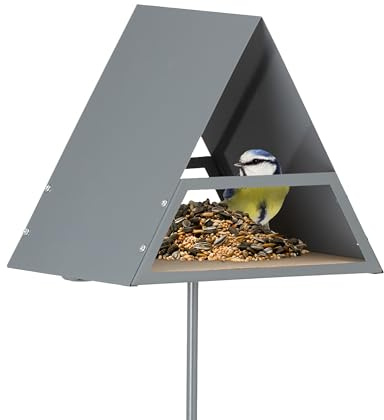 Relaxdays Mangiatoia per Uccelli, Casetta con Palo a Terra, Casa per Mangime da Esterno, 121x25,5x19,5 cm, Grigio Beige, Ferro
