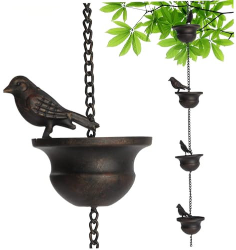 Catena di pioggia per uccelli, catene di pioggia in metallo da 2,4 m per grondaie, catena di catcher di pioggia appesa all'aperto, ornamento appeso al giardino arrugginito per decorazioni interne all