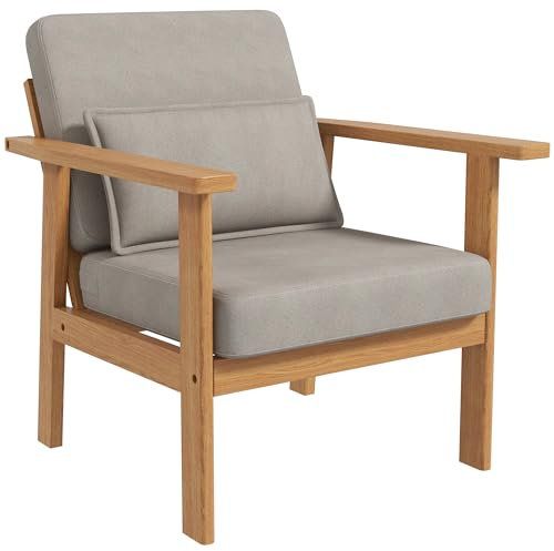 HOMCOM Polsterstuhl mit Armlehnen, Akzentstuhl Loungesessel Armlehnstuhl für Wohnzimmer, Schlafzimmer, Holzbeine, Grau, 70 cm x 72 cm x 76 cm