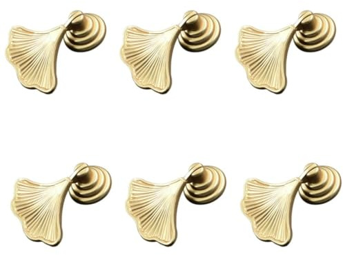 KOMUNJ 6 Stück Ginkgo-Knaufgriffe in Blattform, goldener Tropfenanhänger, Hardware-Schublade, Einzellochgriff für Schränke Schubladen Bücherregale Gold