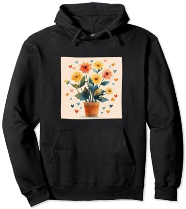 Dahlia Plant In Pot Cottagecore Hearts Graphic Pullover Hoodie