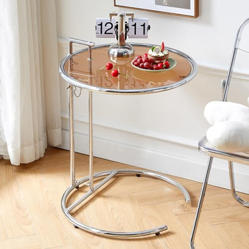 Beistelltisch aus Glas, runder Beistelltisch mit Metallrahmen, höhenverstellbar, C-Form, Sofatisch, Tischplatte aus gehärtetem Glas, kleiner Couchtisch, Nachttisch mit Griff