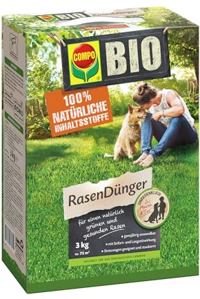 COMPO BIO Rasendünger, Naturdünger für Rasen, Natürliche Sofort- und Langzeitwirkung, Feingranulat, 3 kg, 75 m²