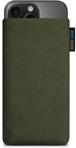 Adore June Classic Oliv-Grün Tasche kompatibel mit iPhone 16 Pro Max 2024 Handytasche aus widerstandsfähigem Cordura Stoff mit Display Reinigungs-Effekt, Made in Europe
