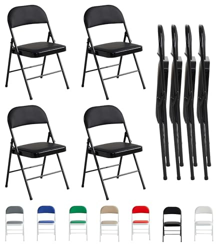 mcc direct Folding Chairs, Faux Leather Foldable Chairs with Metal Frame and Padded Seat, Easy to Fold and Store for Home, Office, Dining and Reception (4, Black)