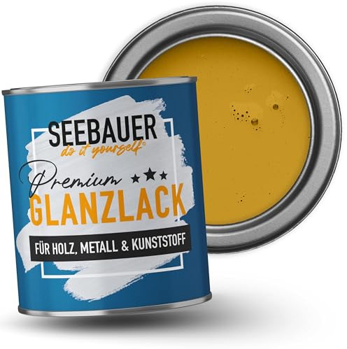 SEEBAUER diy Glanzlack Gelb 375ml für Innen & Außen (No. 442 Maple Leaf) Möbelfarbe ohne Schleifen - Hybrid-Lack für Holz, Metall & Kunststoff - Holzlack, Möbellack hohe Deckkraft