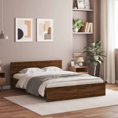 LAPOOH Bettgestell mit Kopfteil und Beleuchtung Braun Eiche-Optik, Bett, Bed Frame, Familienbett, Bettrahmen, Bett Gestell, Bett Rahmengestell, Schlafzimmer Bett - 3207601