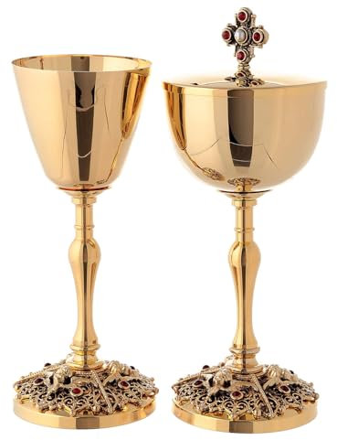 Holyart Cáliz y copón con ángeles latón Dorado 24 k, CálizAltura píxide: 19.5 cm|Diámetro Copa Cáliz: 8.5 cm|Diámetro píxide: 10 cm|Altura cáliz: 20.5 cm