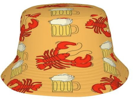 MLTRFGJ Fischerhut mit Bier- und Krebsmuster, bedruckt, Unisex, faltbar, geeignet für alle Outdoor-Aktivitäten, Schwarz , Einheitsgröße