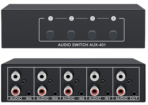 Sporgo RCA / 3,5 mm Port 4 in 1 Out Switch: AUX Audio Switcher RCA L/R Audio Switch 4(1)-In-1(4)-Out, Audio-Umschalter Auswahlbox Analog Audio Passiv Stereo Selector für Kopfhörer Amplifier