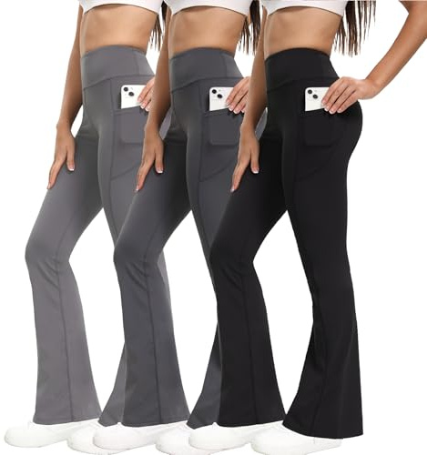 Shgiloo 3 Pack Flared Leggings for Women - High Waisted Yoga Pants with Pockets, Workout Trousers Multicoloured