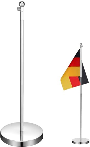 Garneck Soporte para bandera de mesa con mástil telescópico – 60 cm de altura – Base de metal estable ideal para oficina y hogar Diseño elegante para banderines y mini banderas