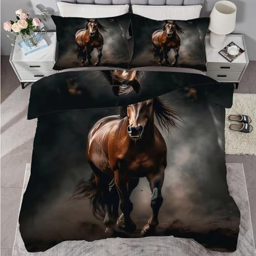 buyluhn Bettdecke 240x220 Braun Pferd Ohne Bezug Nutzbar, 4 Jahreszeiten Bettdecken Tier Große Steppdecke Ganzjahresdecke, Waschbar Bettzeug mit 2 Kissenbezug für Sommer Winter Doppelbett