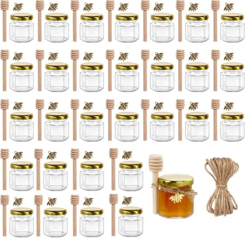 MEETOZ 30 Pack Mini Hexagonal Glass Honey Jars with Gold Lids, Bee Pendants, Wooden Dippers, Jutes, Bee Stickers; Perfect for Baby Showers, Weddings, Party Favors