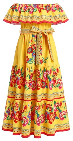 EFOGEP Vestido mexicano de verano para niñas, bohemio, floral, drapeado, con hombros descubiertos, elegante, tradicional, fiesta del Cinco de Mayo, vestidos folclóricos, bohemios, informales, fiesta