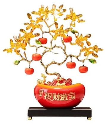 GLigeT Edelstein Baum Glücksbaum aus Kristall mit Sockelornament, mit Goldbarren, Heimdekoration, Kunsthandwerk Geldbaum Feng Shui(Orange)