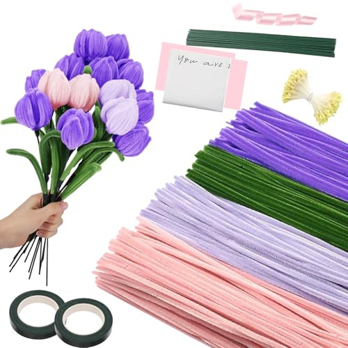 Pfeifenreiniger zum Basteln Set, 400 Stück Blumenstrauß Pfeifenreiniger Set in 4 Farben zum Basteln,Pipe Cleaner Flower Set mit 20 Stück Grün Basteldraht, Geschenkband, Blumenband,Violett