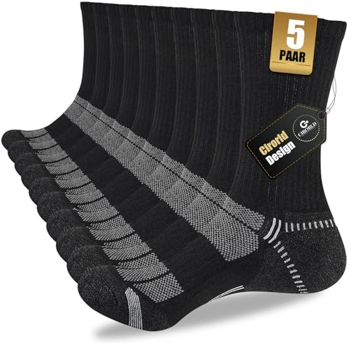 Cirorld Socken Herren 43-46 37-42, Atmungsaktive Wandersocken, Gepolstert Sportsocken Tennissocken, Laufsocken Trekkingsocken Arbeitssocken 5 Paar Schwarz 43-46