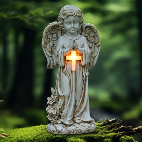 VOHESEA Estatuas de ángel solar para jardín, 30 cm, ángel rezando con luz LED, figura de ángel en la tumba, decoración para tumba, resistente a la intemperie, figuras de ángel para rezar, escultura