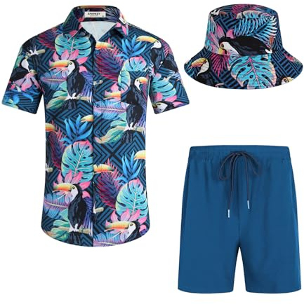 SPKPKEY Mens Hawaiian Shirt and Shorts Set Regular Fit Short Sleeve Casual Beach Outfits with Bucket Hats S-XXL