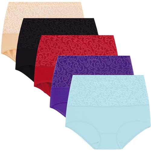 Lot to 5 Culottes Coton pour Femme Taille Haute, Culotte Grande Taille Sexy Extensible Underwear Confortables Pas Cher Slip sous-Vêtements Douces Chic Et élégant Décontractée Stretch Lingerie Set