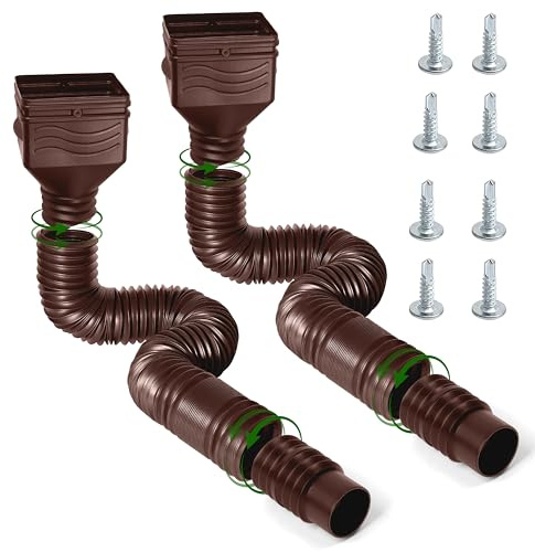 E1mity Expandable Gutter Drain Pipe, 2PCS 67in Flexible Downspout Extension, Adjustable Rainwater Kit from 21-67in, Gutter Connector with Screws for Outdoor Lawns Gardens Yards & Cement Floors, Brown