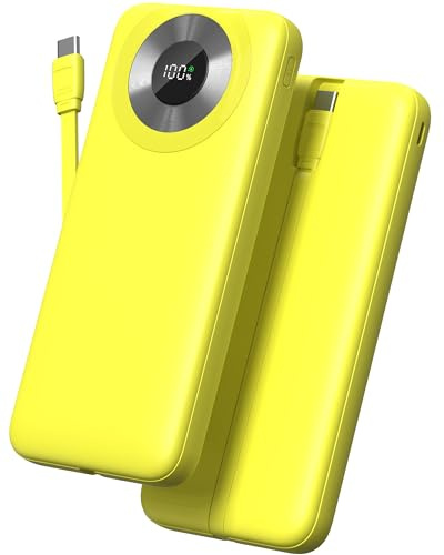 Power Bank 10000mAh, Caricatore Portatile Ultra Sottile 5V/3A Ricarica Rapida, Batteria Portatile con Cavo USB-C Integrato, Batteria Esterna con 4 Uscite e 2 ingressi per iPhone 16/15 Samsung Huawei