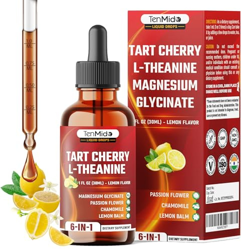 Tenmido Tart Cherry Extract Liquid Drops - 6in1 with L-Theanine, Magnesium Glycinate, Passion Flower, Chamomile, Lemon Balm - Vegan, Non-GMO - 30ml 1 Fl Oz